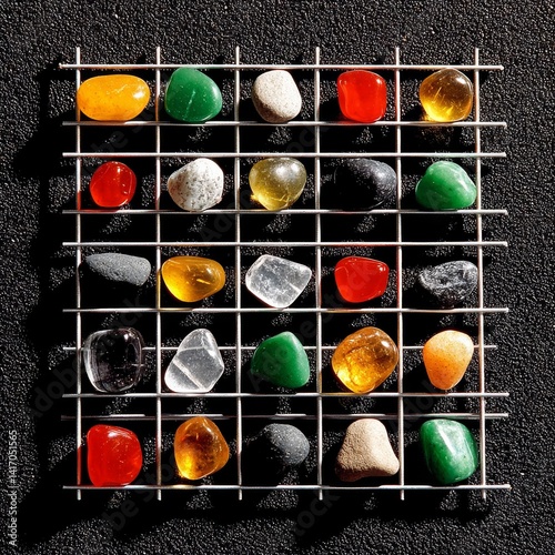 Obraz na płótnie Assorted Tumbled Stones Displayed in a Wire Grid on Dark Textured Background, Gemstones arranged by Color and Transparency w salonie
