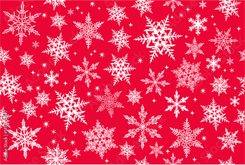 Abstract Christmas background with white snowflakes different shapes on red. Winter snow. Overlay, banner, seamless pattern, template for holiday Merry Xmas, New Year post cards.  Vector illustration.