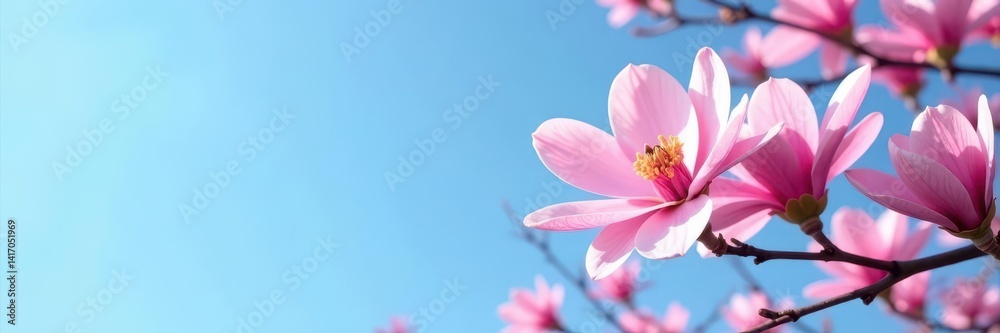 Fototapeta premium Pink magnolia blossoms against a clear blue sky, scene, illustration, image