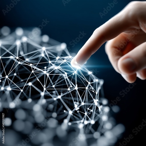 Obraz na płótnie Connecting the Dots: Finger Interacting with a Luminous Network, Digital World, and Cutting-Edge Technology w salonie