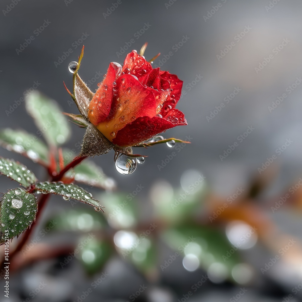 Delicate Rose Bud Adorned with Sparkling Dewdrops: A Close-Up of Nature's Beauty in the Morning Light