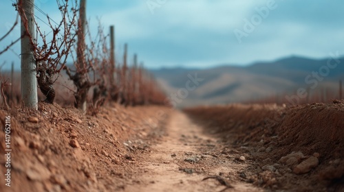 Crisp vineyard lines stretch into the hazy distance, harmonizing agriculture with expansive natural vistas.