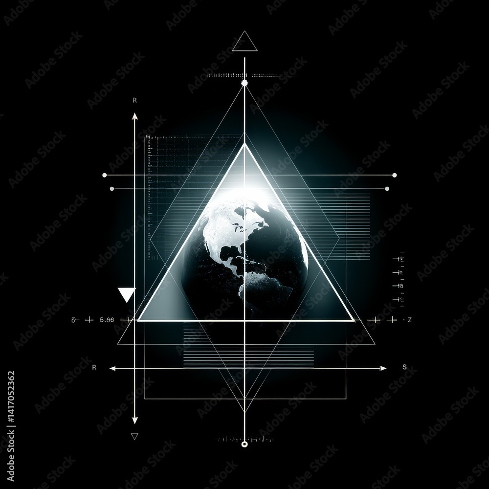 Earthly Blueprint: A Modern Abstract Design Featuring the Globe Encased in Geometric Lines and Futuristic Elements