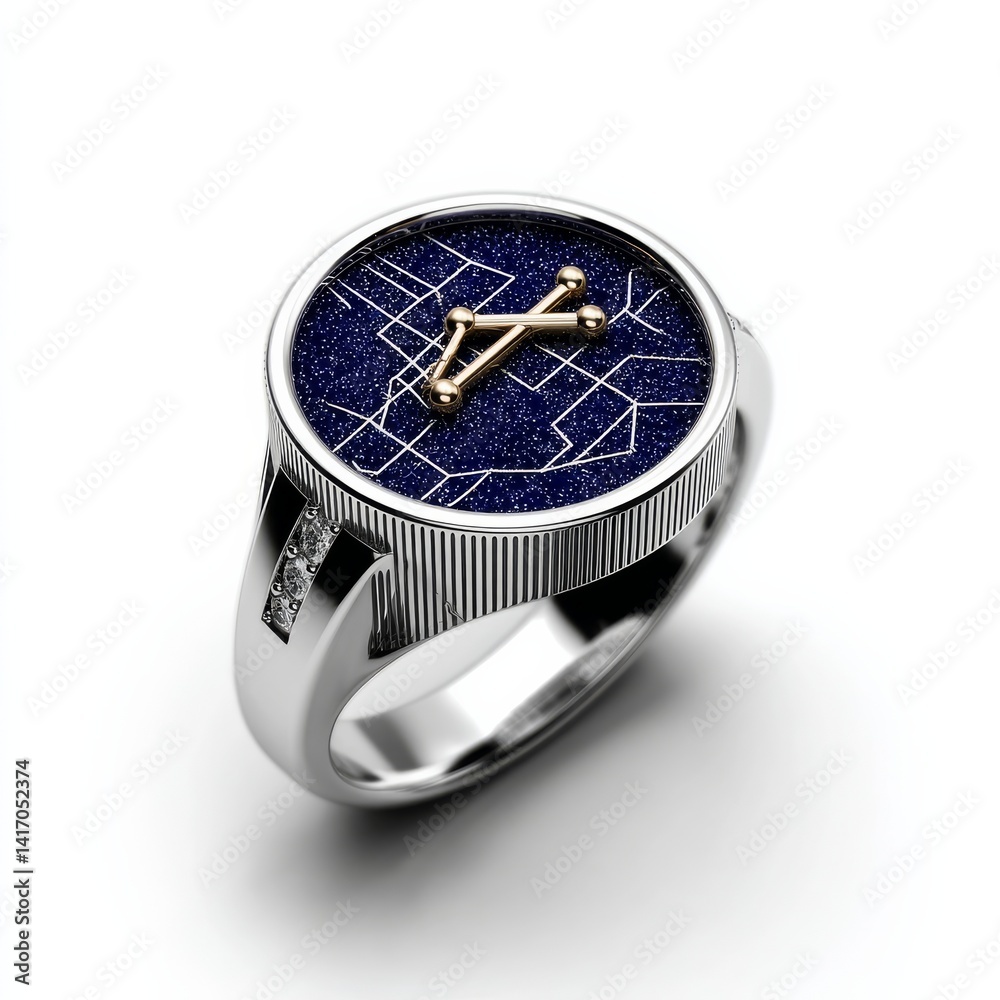 Elegant Silver Ring with Gold Constellation Detail and Navy Stardust Inlay - Modern Jewelry Design