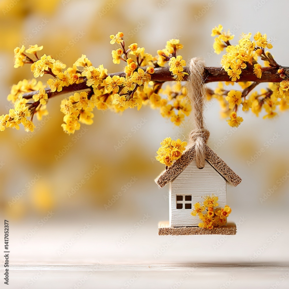 Dreamy Spring Home: Miniature House Adorned with Blooming Yellow Flowers and Gentle Light