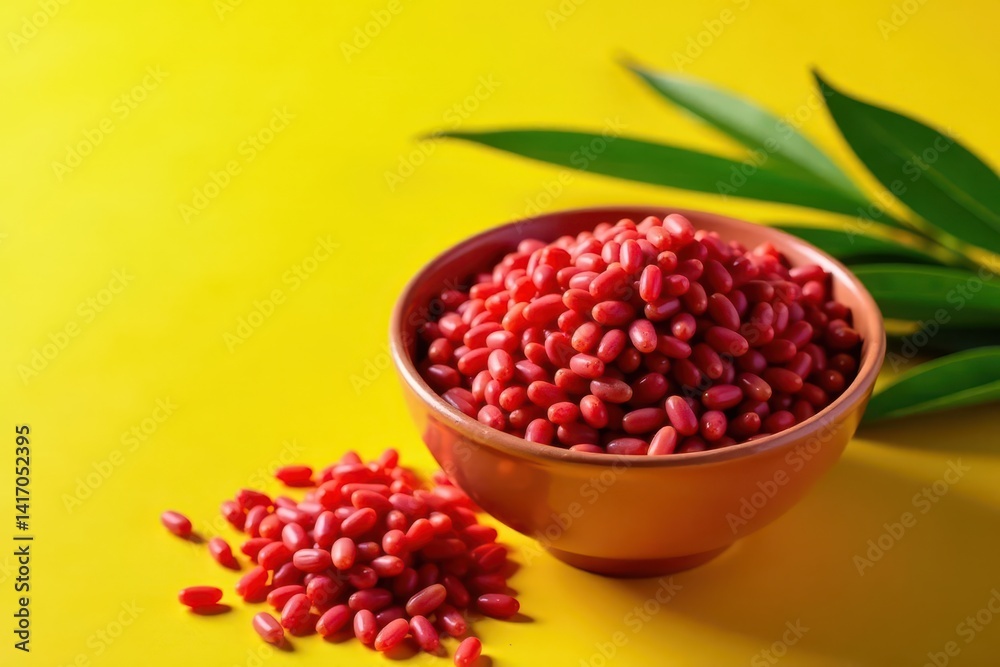 Bowl of uncooked red rice beside rice plants on yellow surface , ear of rice, crop