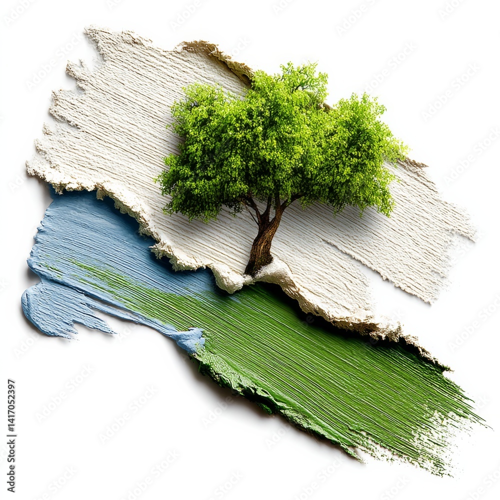Emergence of Nature: A tree grows from painted strokes of white, blue, and green, symbolizing growth and environmental consciousness.