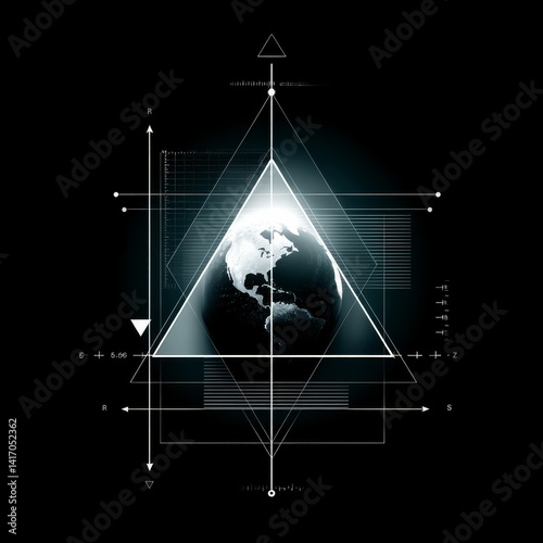 Obraz na płótnie Earthly Blueprint: A Modern Abstract Design Featuring the Globe Encased in Geometric Lines and Futuristic Elements w salonie