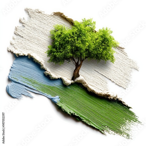 Obraz na płótnie Emergence of Nature: A tree grows from painted strokes of white, blue, and green, symbolizing growth and environmental consciousness. w salonie