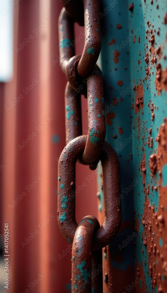 Rusty chain across shipping container, trade halted , sanctions, obstacle, broken