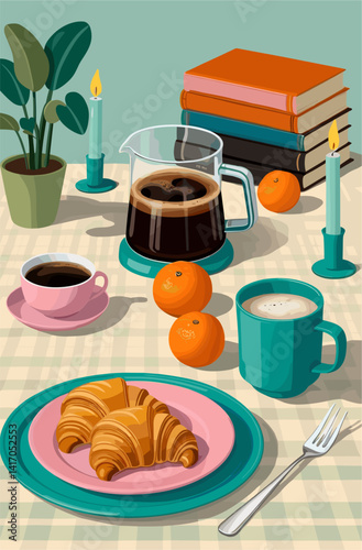 Breakfast poster with plate of croissants, coffee pot, candles and books. The table setting is simple and inviting, with the croissants, coffee providing a warm and comforting breakfast