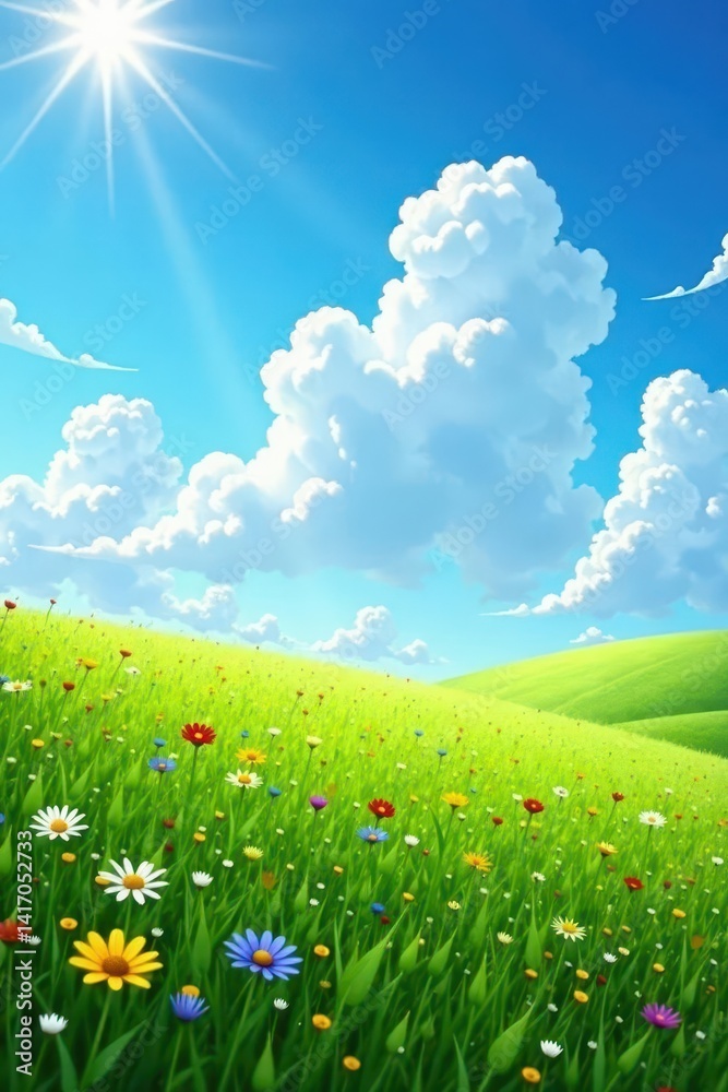 Sun-drenched meadow, fluffy white clouds drift across vibrant blue sky, environment, serene