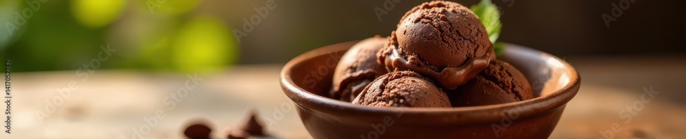 Chocolate ice cream overflowing in a rustic bowl, sunlit scene, light, rustic