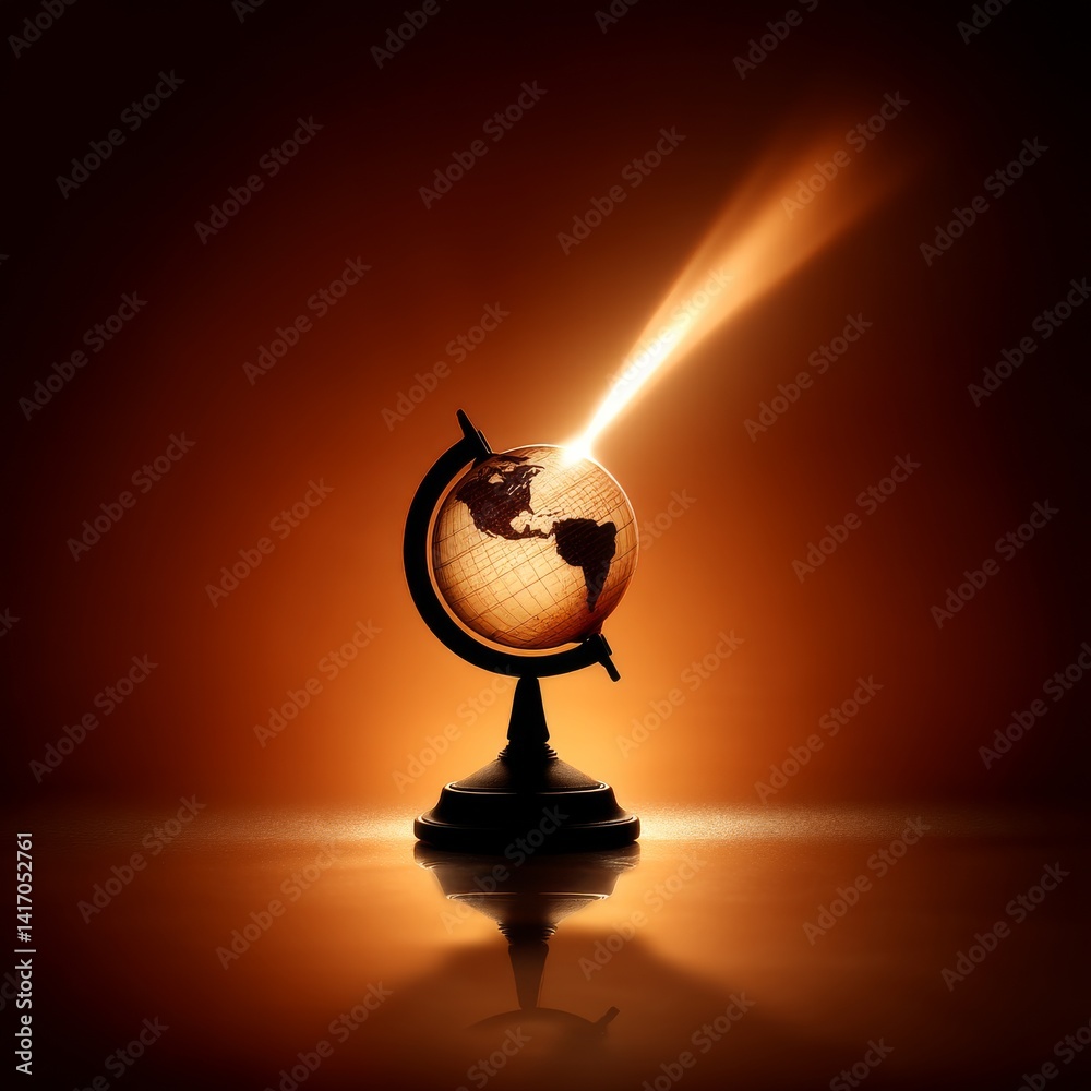 Global Illumination: World Globe with Beam of Light Illuminating America on a Reflective Surface