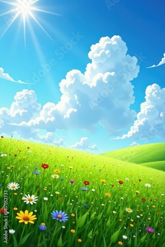 Obraz na płótnie Sun-drenched meadow, fluffy white clouds drift across vibrant blue sky, environment, serene w salonie