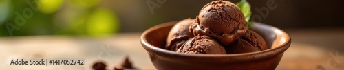 Obraz na płótnie Chocolate ice cream overflowing in a rustic bowl, sunlit scene, light, rustic w salonie