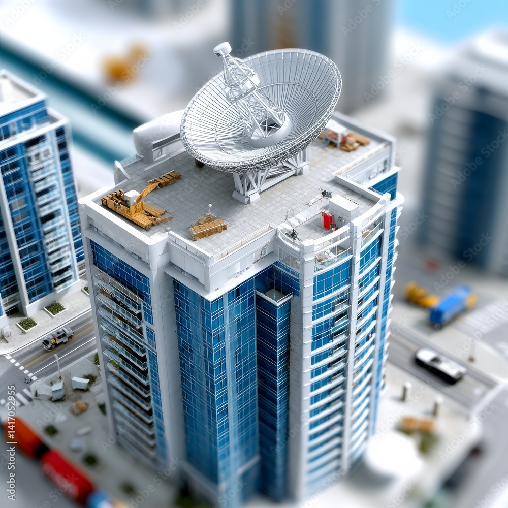 High-Angle View of a Modern Skyscraper Topped with a Satellite Dish and Miniature Construction Equipment