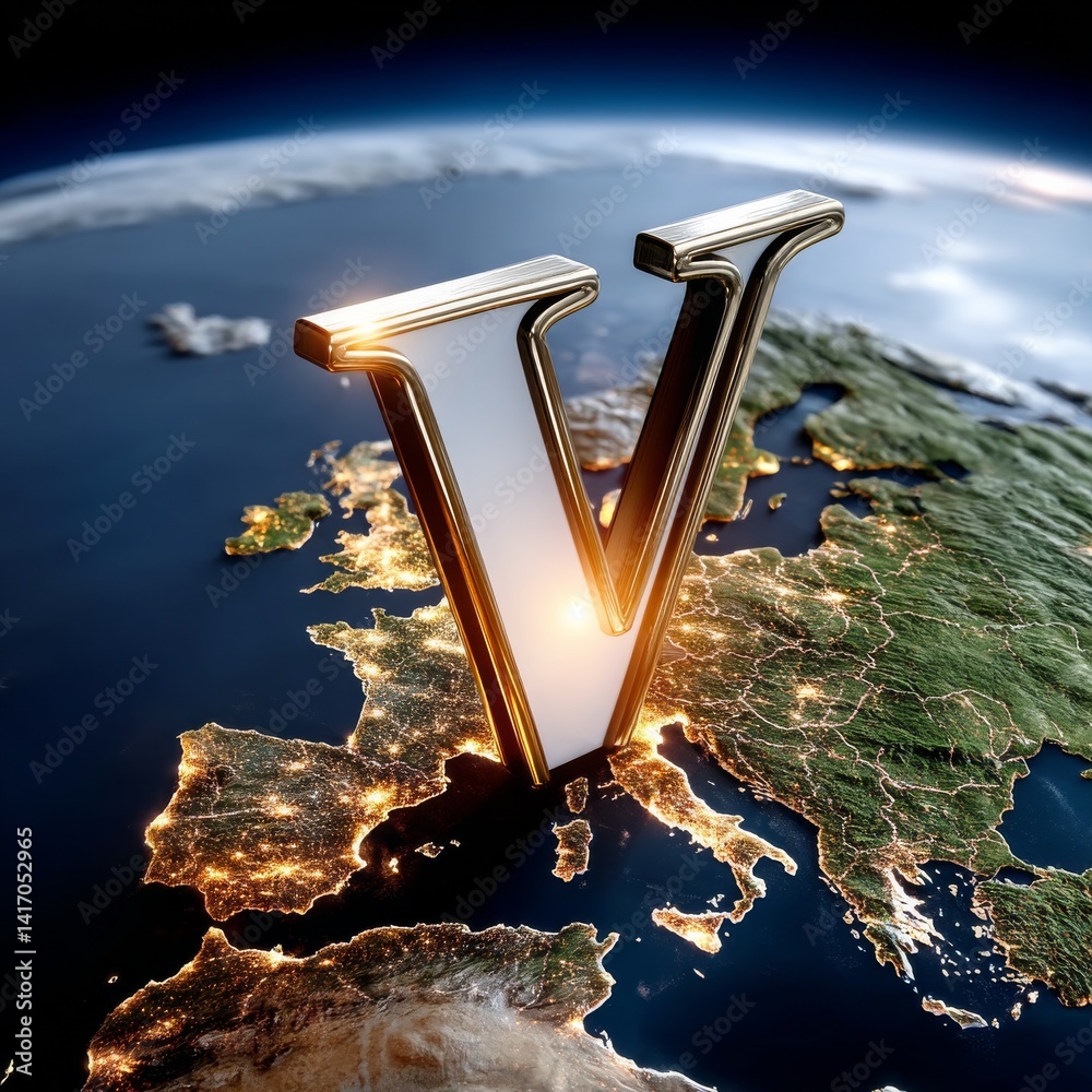 Golden 'V' Over Illuminated Europe: A Vision of Growth and Connectivity from a Global Perspective
