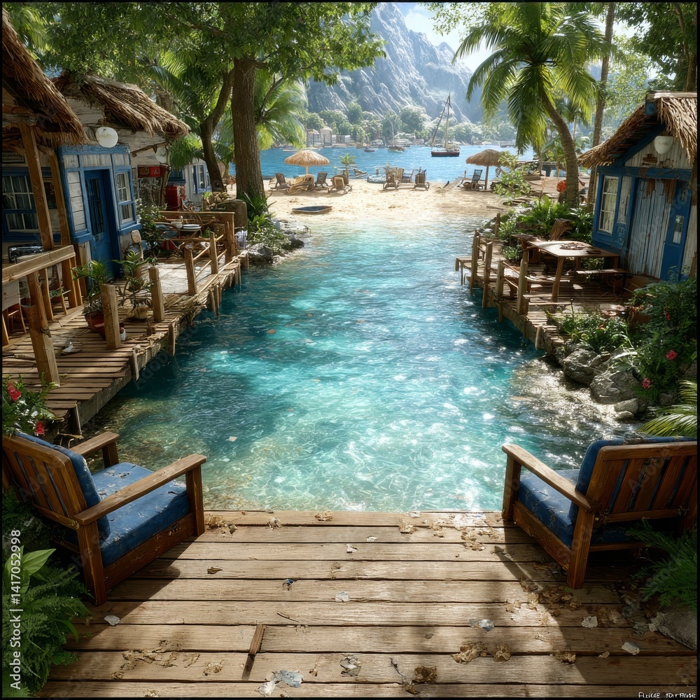 Idyllic Tropical Paradise: Tranquil Waters and Beach Huts Beckon from Wooden Deck Chairs
