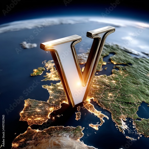 Obraz na płótnie Golden 'V' Over Illuminated Europe: A Vision of Growth and Connectivity from a Global Perspective w salonie