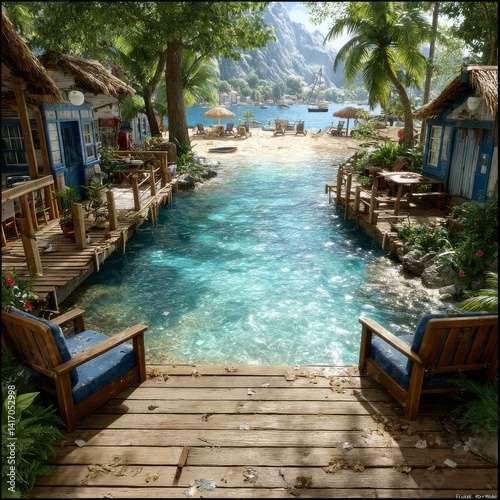 Obraz na płótnie Idyllic Tropical Paradise: Tranquil Waters and Beach Huts Beckon from Wooden Deck Chairs w salonie