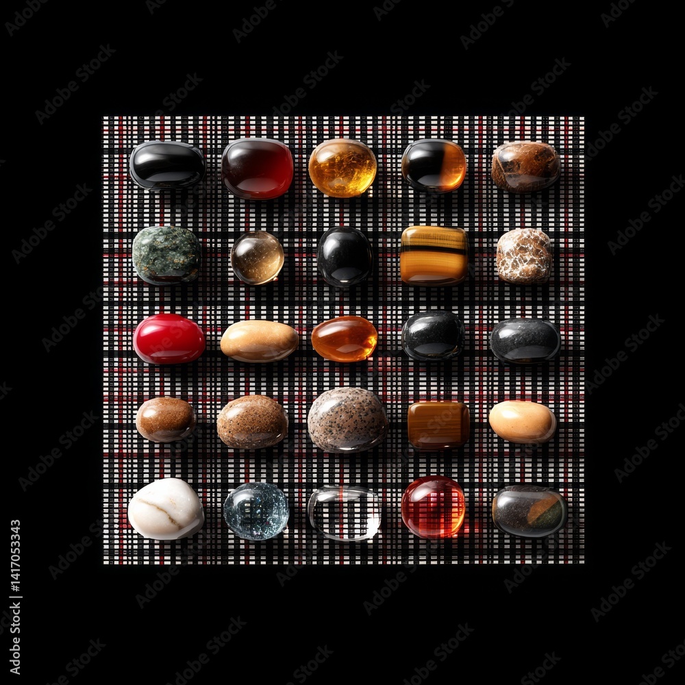 Polished Gemstones Arranged on Checkered Background - A Study in Color, Texture, and Light Reflection