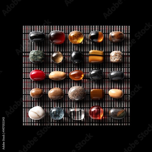 Obraz na płótnie Polished Gemstones Arranged on Checkered Background - A Study in Color, Texture, and Light Reflection w salonie
