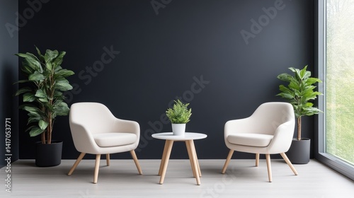 Modern, minimalist living room corner with two comfortable armchairs and a small side table, accented by lush greenery.  