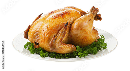 A whole roasted chicken on a white plate garnished with parsley against a black background studio shot