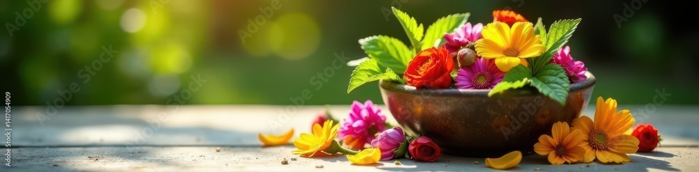 Sunlit table displays overflowing bowl of diverse herbs & flowers; petals scattered nearby , petals, sunlight, bowl