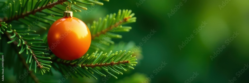 Glossy orange sphere adorns lush evergreen branch , xmas, celebration