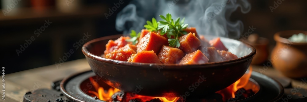 Steaming meat in a rustic bowl over vibrant flames , dinner, grill, spring