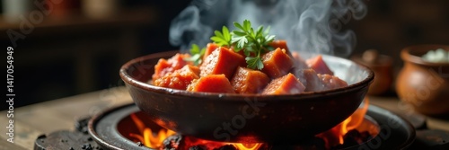 Obraz na płótnie Steaming meat in a rustic bowl over vibrant flames , dinner, grill, spring w salonie