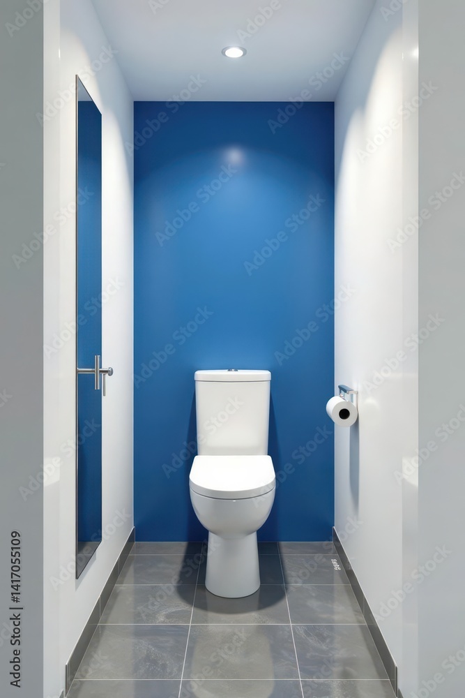White walls, grey tile floor, blue feature wall behind toilet Clean lines, bright lighting , ceramic, bright