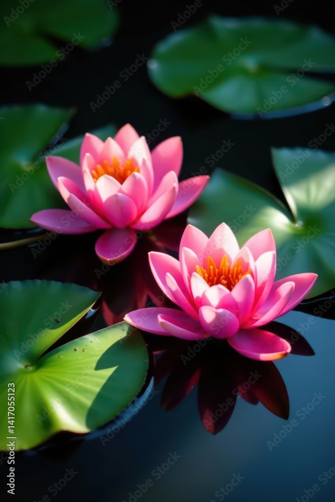 Neon pink water lilies, half in shadow, half in sunlight , neon, pond, bloom