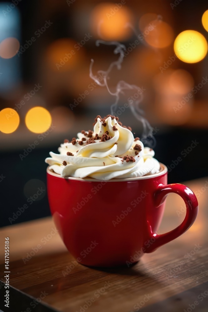 Bright red mug, steaming hot chocolate, fluffy whipped cream, chocolate topping, bokeh lights, holiday, beverage
