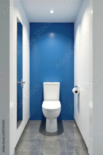 Obraz na płótnie White walls, grey tile floor, blue feature wall behind toilet Clean lines, bright lighting , ceramic, bright w salonie