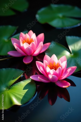 Obraz na płótnie Neon pink water lilies, half in shadow, half in sunlight , neon, pond, bloom w salonie