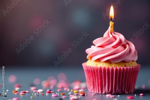Obraz na płótnie Pink cupcake, golden candle, sprinkles, confetti , happy, dessert w salonie