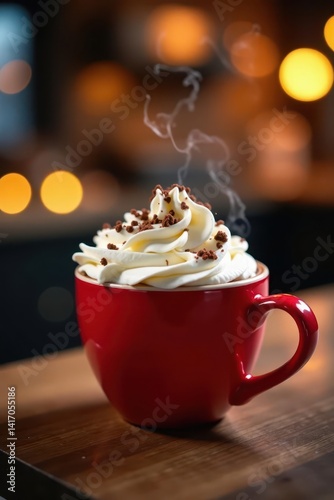 Obraz na płótnie Bright red mug, steaming hot chocolate, fluffy whipped cream, chocolate topping, bokeh lights, holiday, beverage w salonie