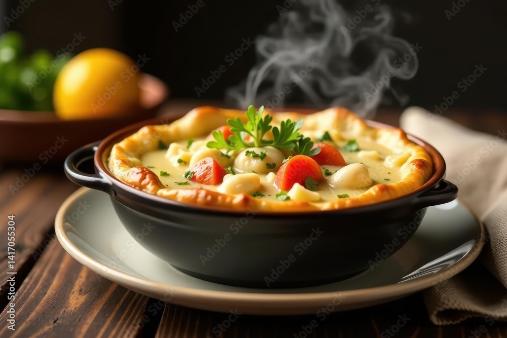 Steaming bowl of chicken pot pie with puff pastry, appetizing, creamy, potatoes