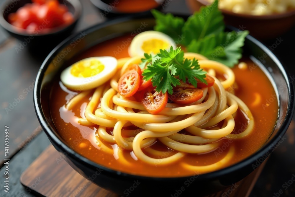 Close-up of udon noodles in rich, flavorful broth with various garnishes, texture, lunch