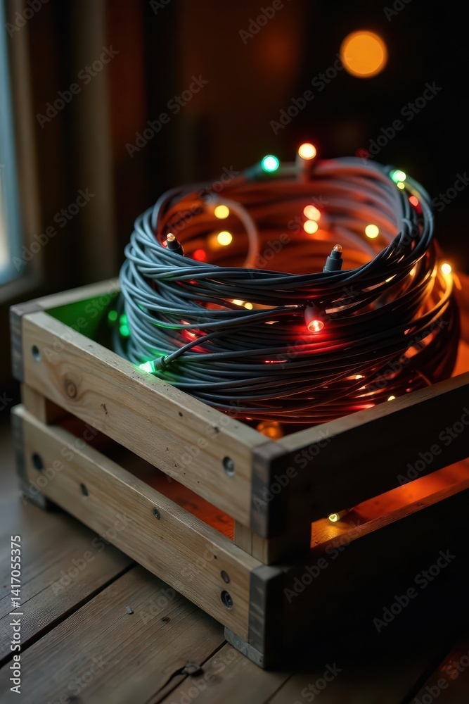 Neatly coiled strands of Christmas lights in a rustic wooden crate , craft, xmas