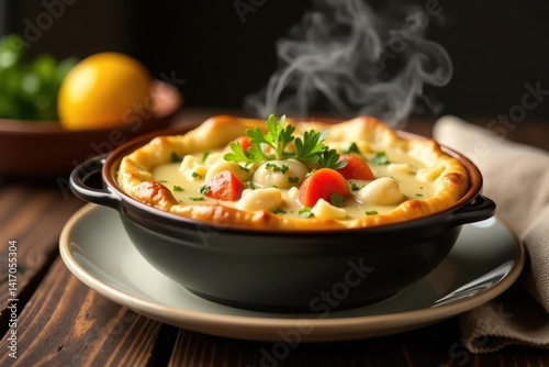 Obraz na płótnie Steaming bowl of chicken pot pie with puff pastry, appetizing, creamy, potatoes w salonie