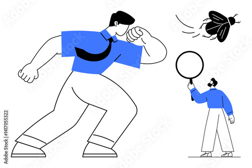 Giant businessman flexing alongside smaller figure examining a fly with a magnifying glass. Ideal for analysis, research, focus, observation, scale, innovation, simple landing page