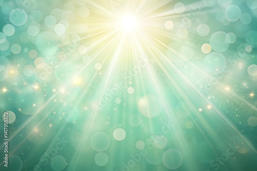 Serene green abstract with celestial light rays bokeh background