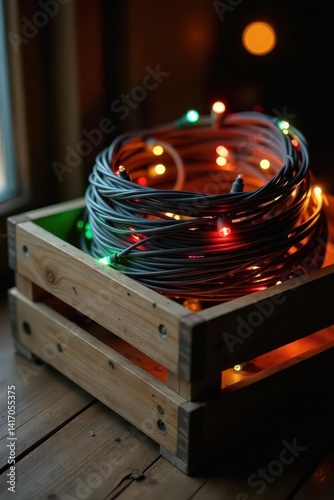 Obraz na płótnie Neatly coiled strands of Christmas lights in a rustic wooden crate , craft, xmas w salonie