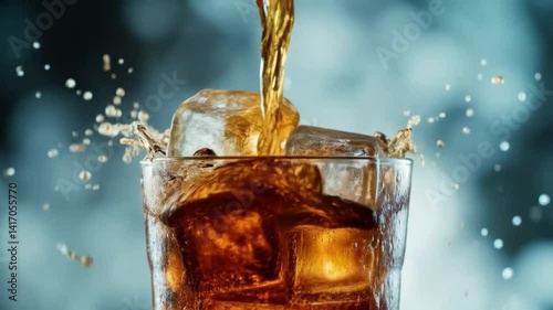 A glass of soda with ice cubes and splashes of liquid. Smooth repeating motion for background video animation.