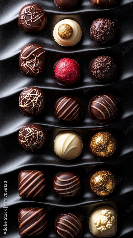 Gourmet chocolate bonbons displayed on smooth chocolate surface elegant textures Gourmet chocolate bonbons displayed on smooth chocolate surface elegant textures