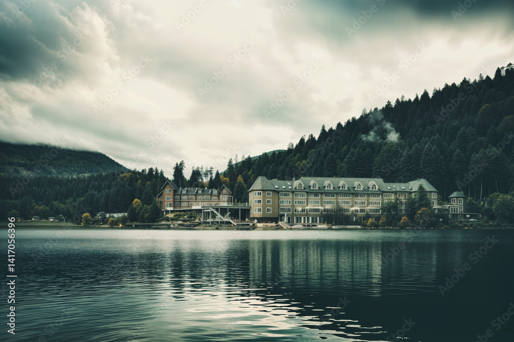 Fototapeta premium Lakeside building nestled among trees. Calm lake reflects building and cloudy sky. Mountain backdrop and serene nature. Tranquil waterscape with architectural beauty.